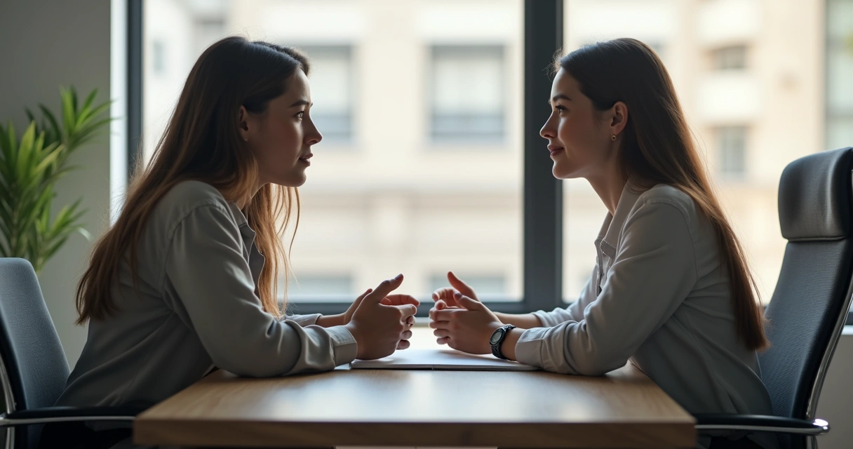 Dos personas conversando en una oficina manejando una crítica con respeto