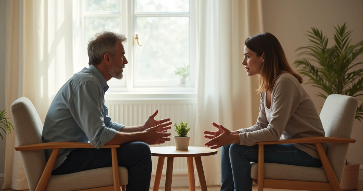 Dos personas conversan con calma en una sala luminosa