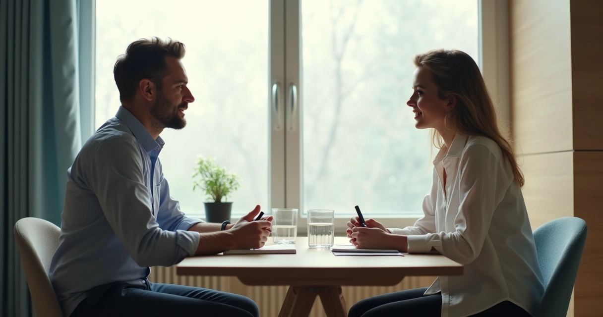 Dos personas conversando con calma en una oficina sencilla