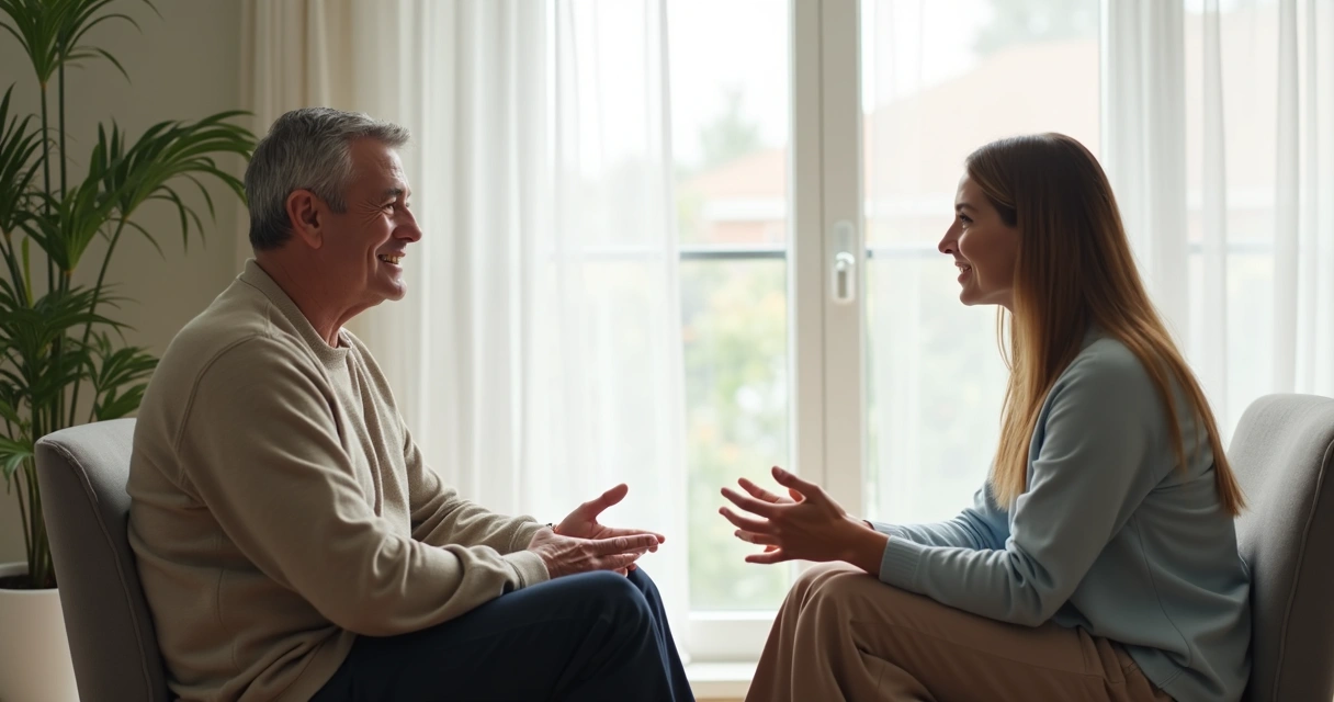 Dos personas conversando con calma en una sala luminosa 