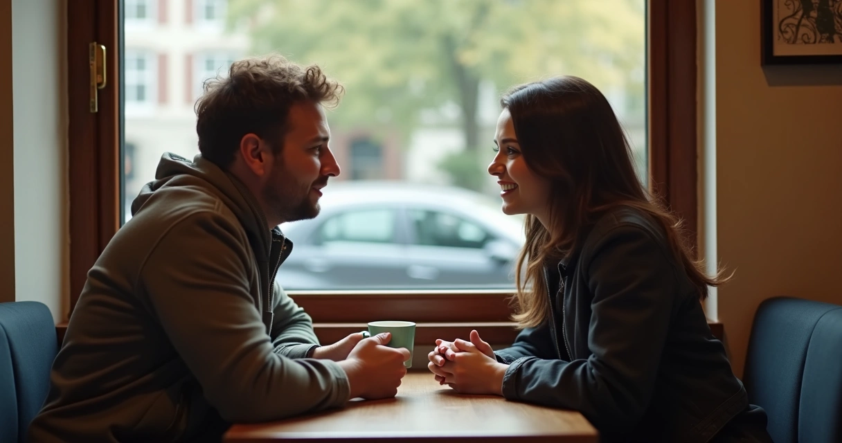 Dos personas sentadas conversando en una cafetería tranquila 