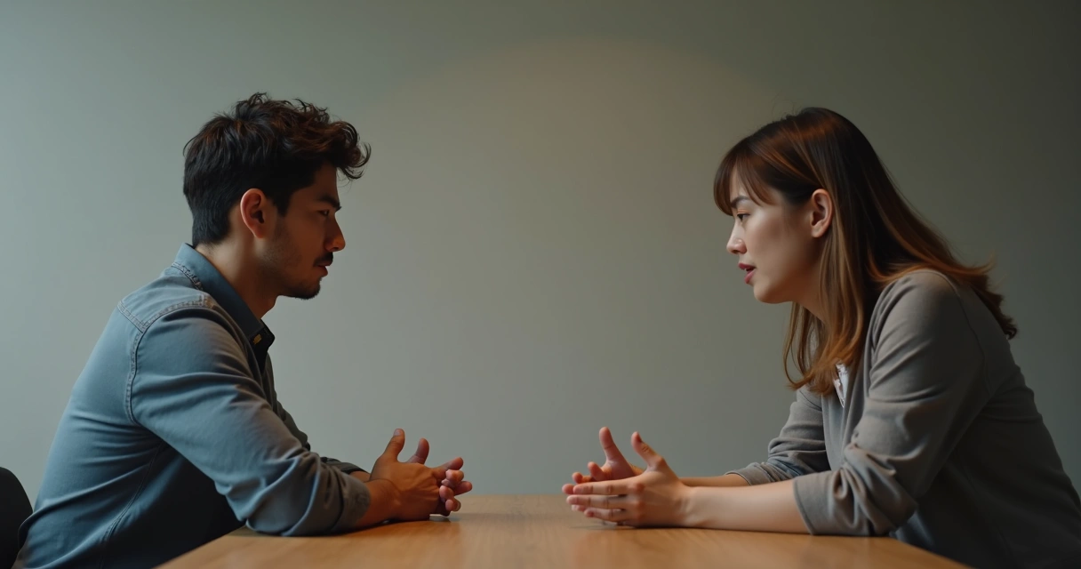 Dos personas sentadas frente a frente, una con expresión indiferente mientras la otra muestra una emoción visible. 