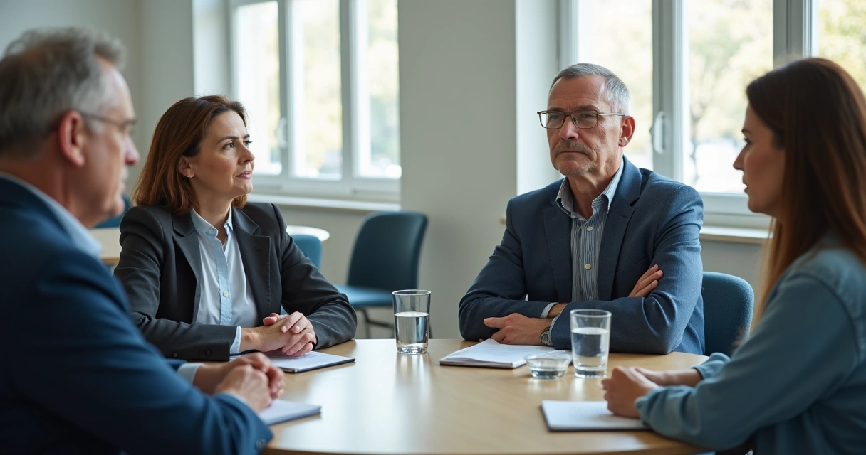 Grupo en conversación tensa en una mesa redonda 