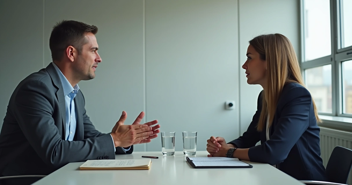 Dos personas conversan con tensión en una oficina sobria