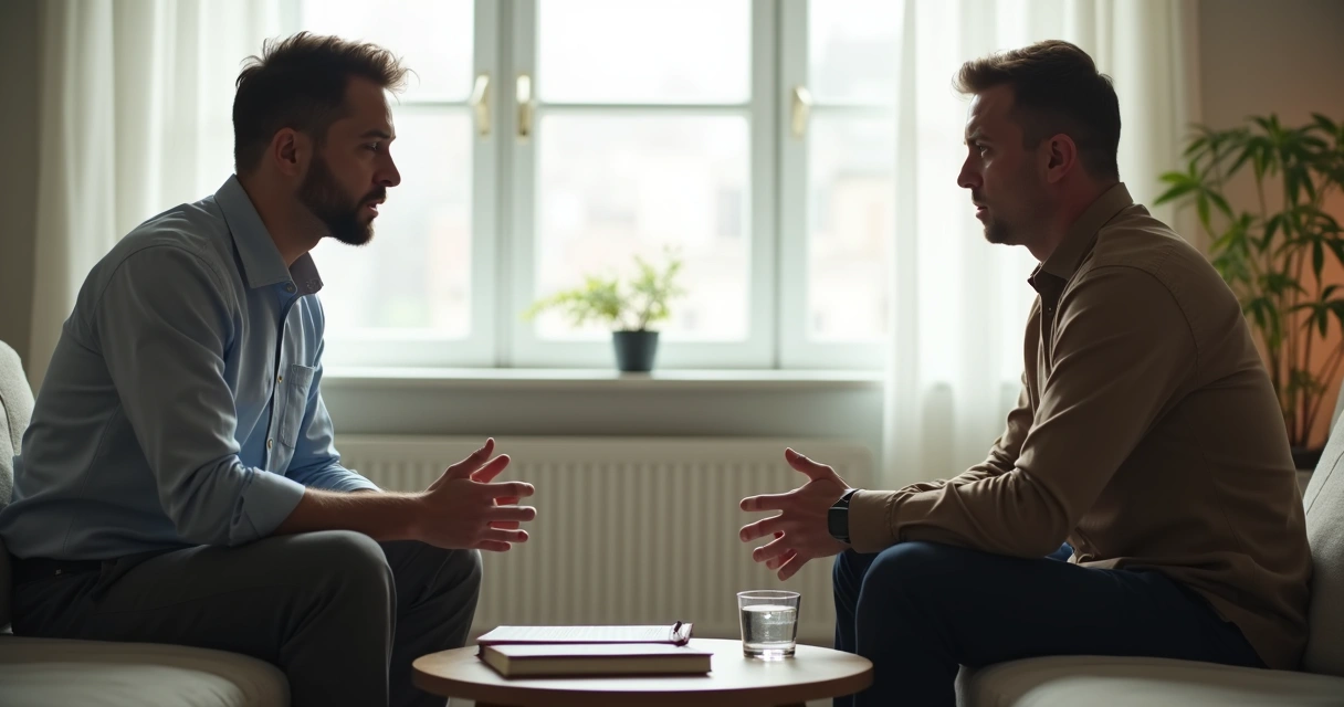 Dos personas conversando con tensión en una sala sobria 
