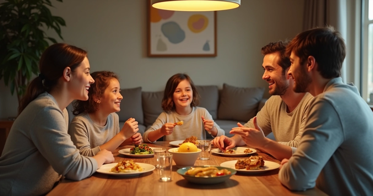 Jantar em família com todos sentados à mesa conversando