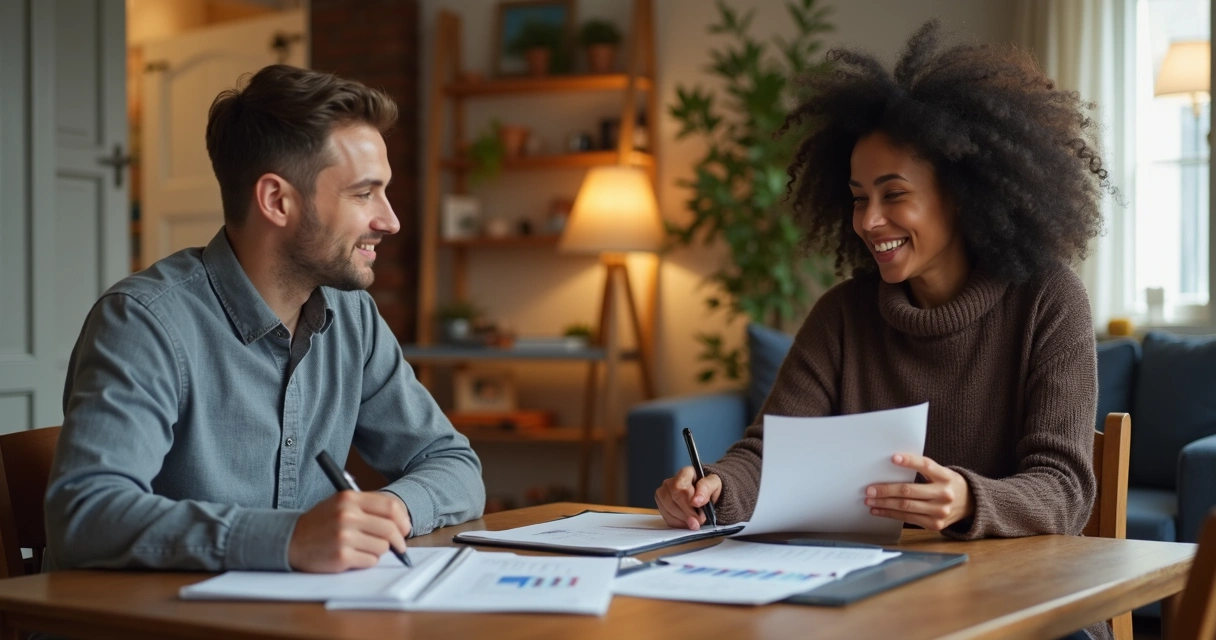 Duas pessoas conversando calmamente sobre finanças em uma sala aconchegante, com documentos e um notebook sobre a mesa 