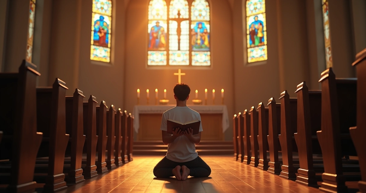 Pessoa ajoelhada em igreja, orando com Bíblia aberta, luz natural entra pelas janelas 