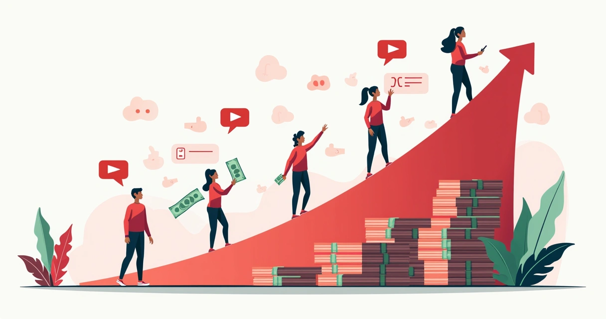 Ilustração de gráfico mostrando aumento de engajamento se transformando em dinheiro, com símbolos de youtuber e marcas 