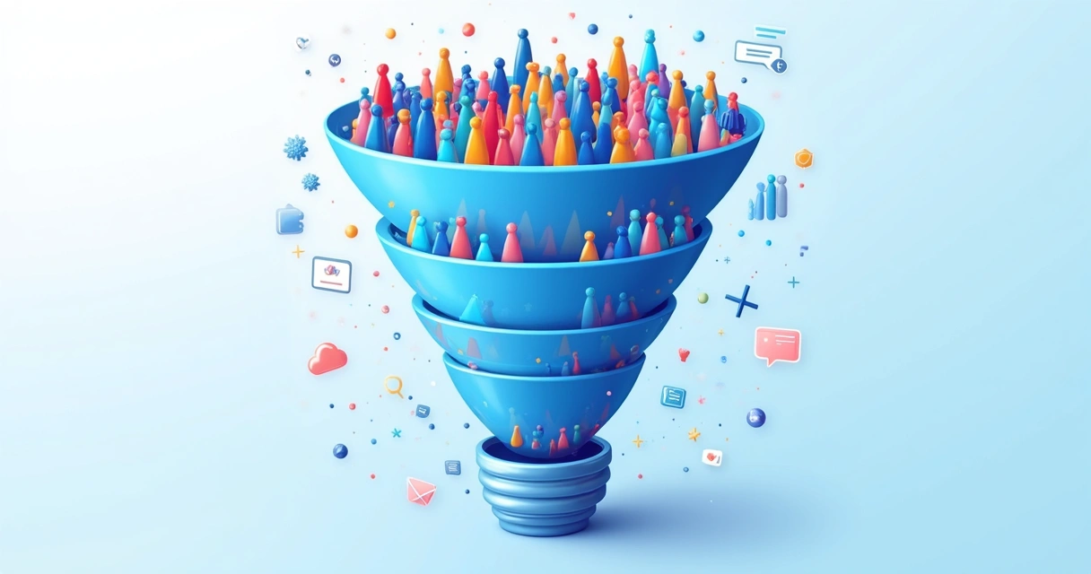 Representação de um funil de conversão digital com vários níveis e usuários realizando ações