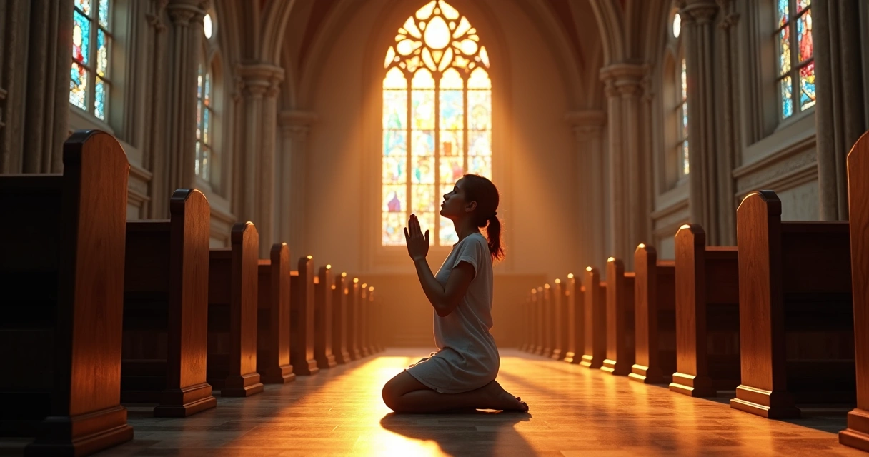 Pessoa em oração com luz suave iluminando seu rosto e silhueta ao fundo de uma igreja antiga 