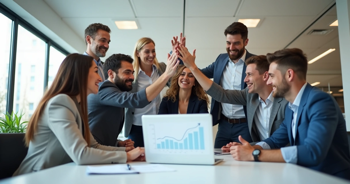 Vendedor de Leads: Como Qualificar e Converter Mais Clientes 7 Equipe comercial celebrando conversão de leads em clientes