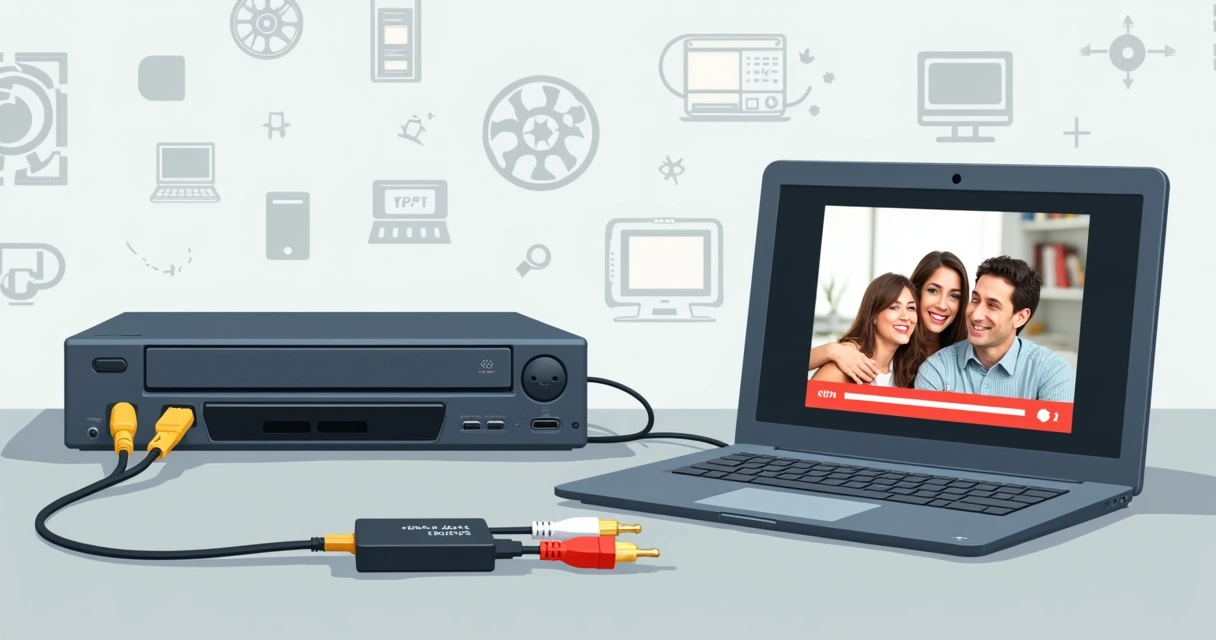 Conexão entre videocassete, cabos e um computador com placa de captura 