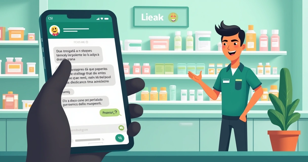 Cliente conversando com farmacêutico sobre medicamentos via WhatsApp em uma farmácia de manipulação.