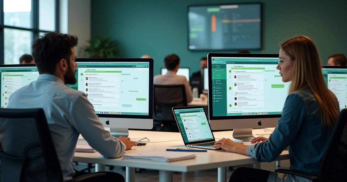Conversa de atendimento empresarial no WhatsApp, com múltiplas pessoas interagindo na tela 
