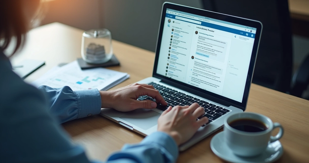 Mãos digitando em notebook com tela mostrando interface de mensagens do LinkedIn 