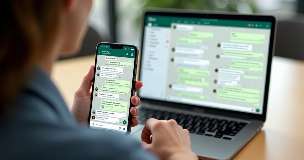 Pessoa mexendo no WhatsApp em computador e celular, fluxo de conversas organizado na tela. 