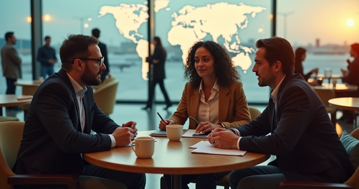 Três profissionais conversam em mesa de café com mapa-múndi desfocado ao fundo 
