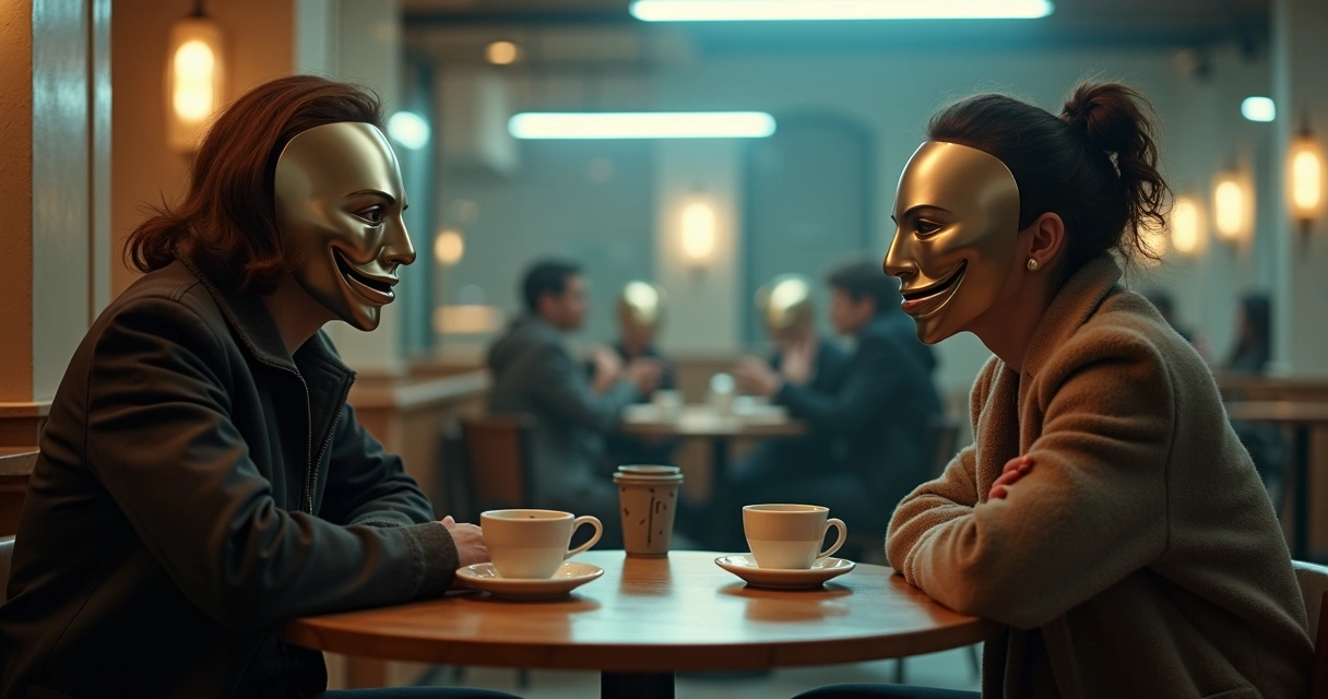 Duas pessoas conversando com máscaras metálicas em formato de sorriso tenso 