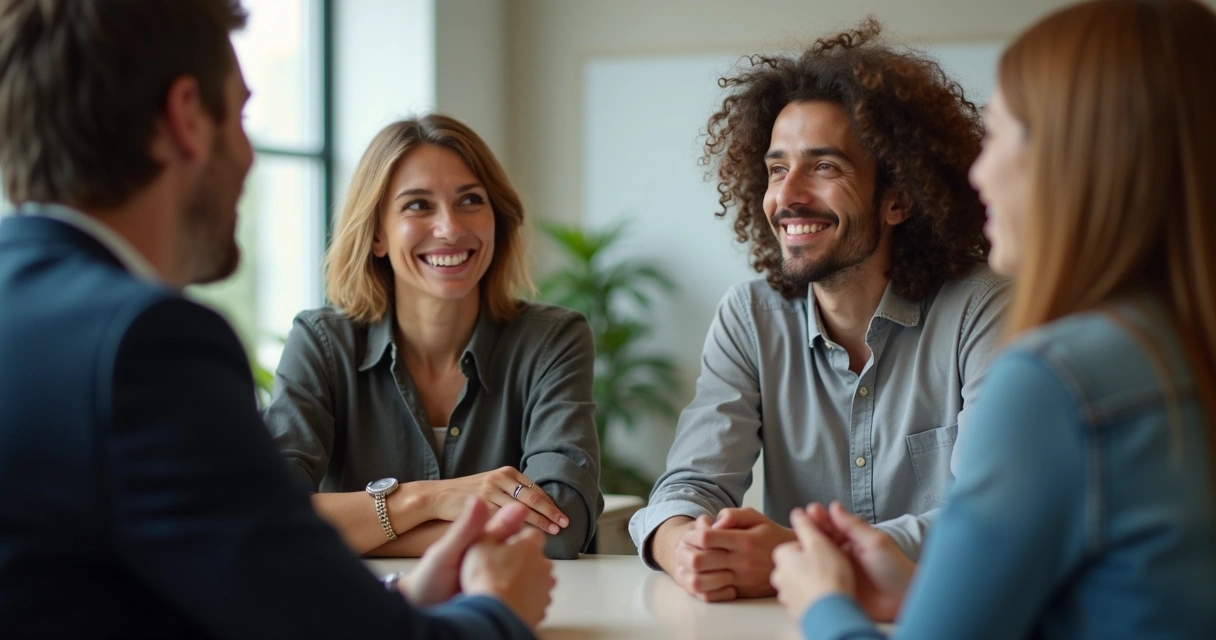 Grupo de pessoas conversando com expressão de empatia em sala de reunião 
