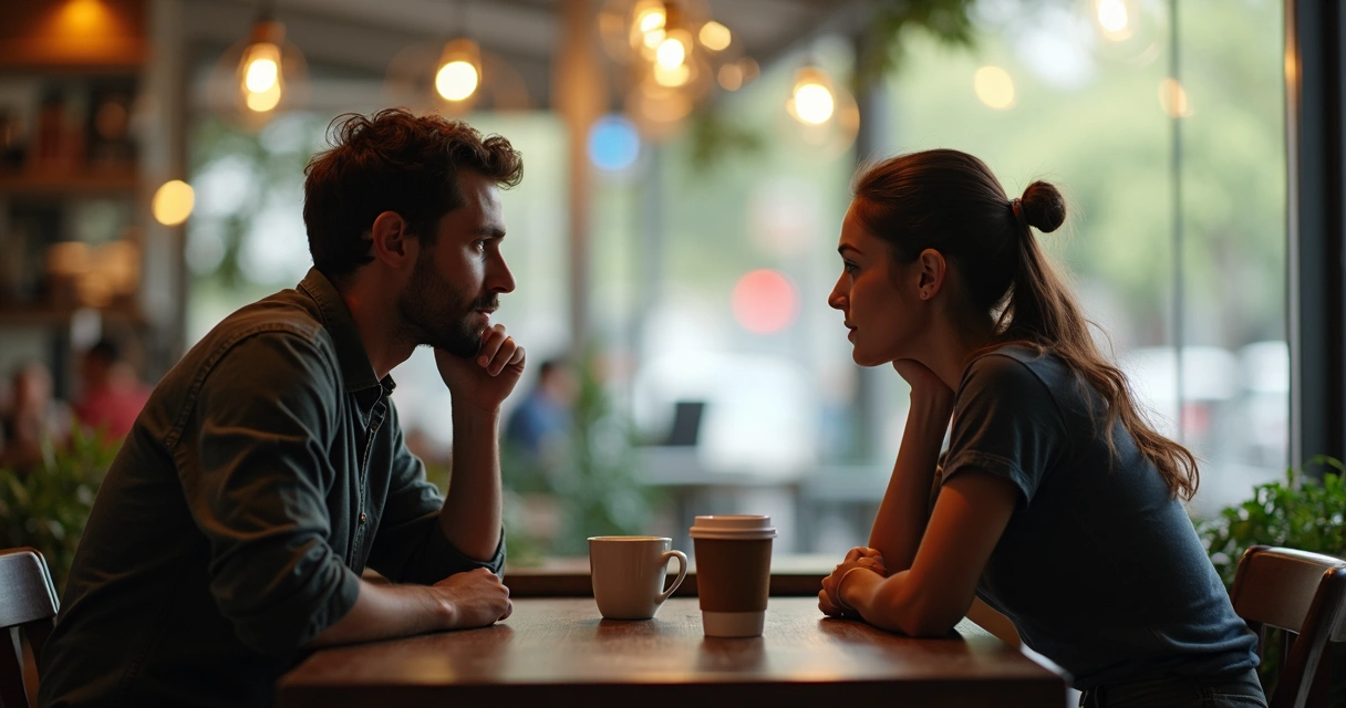Duas pessoas conversam em um café, uma parece pensativa enquanto a outra escuta. 