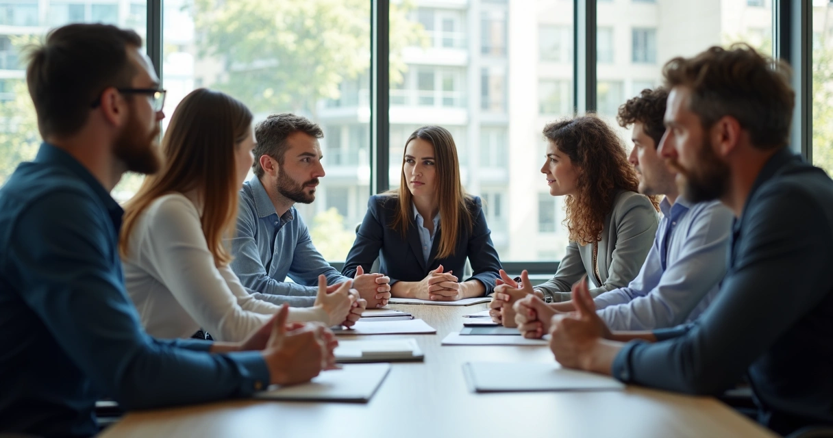 Pessoas sentadas ao redor de uma mesa conversando e demonstrando emoções variadas, como ansiedade e alívio. 