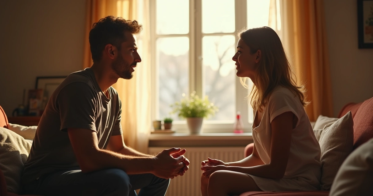 Duas pessoas sentadas, conversando seriamente em uma sala iluminada 