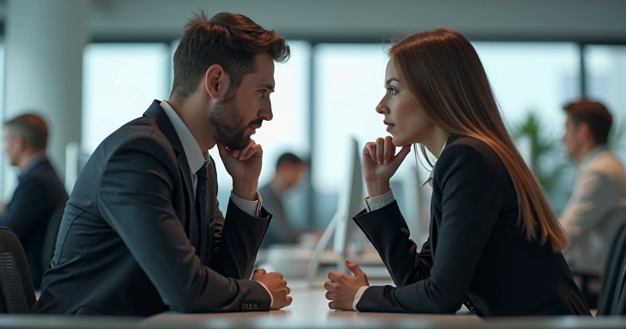 Dois colegas conversando discretamente em um escritório moderno
