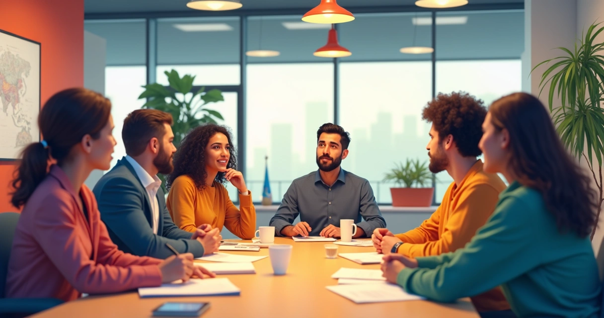Grupo de pessoas conversando em uma sala de reunião moderna e colorida, todos atentos uns aos outros 