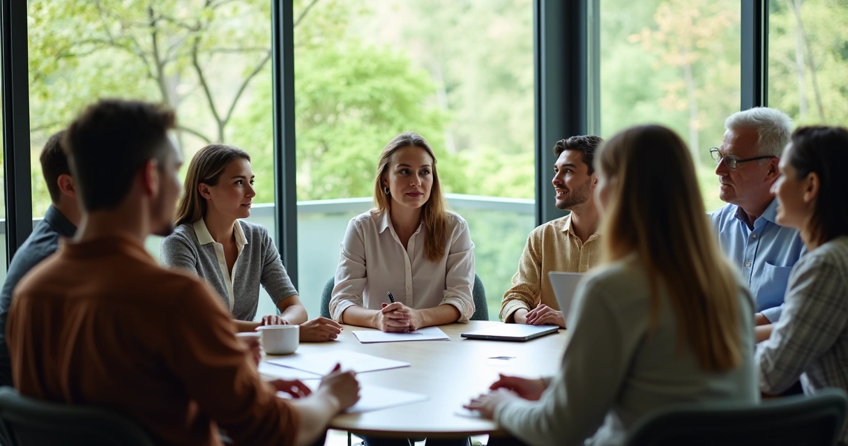 Pessoas em reunião, sentadas em círculo, conversando abertamente 