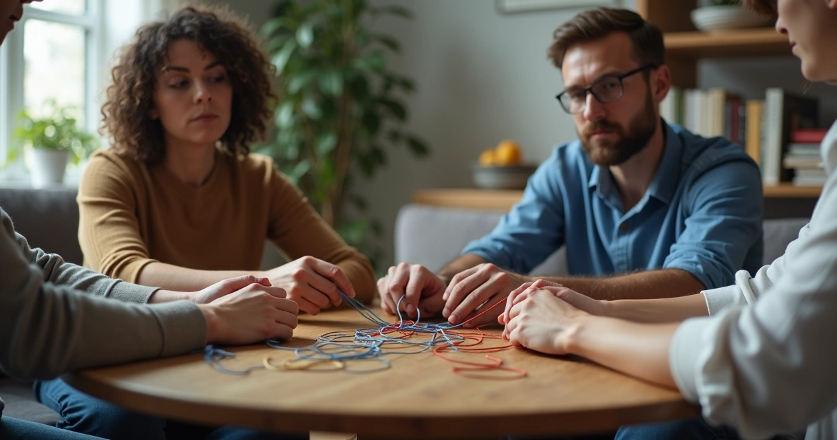 Grupo em conversa com fios coloridos emaranhados entre as mãos 