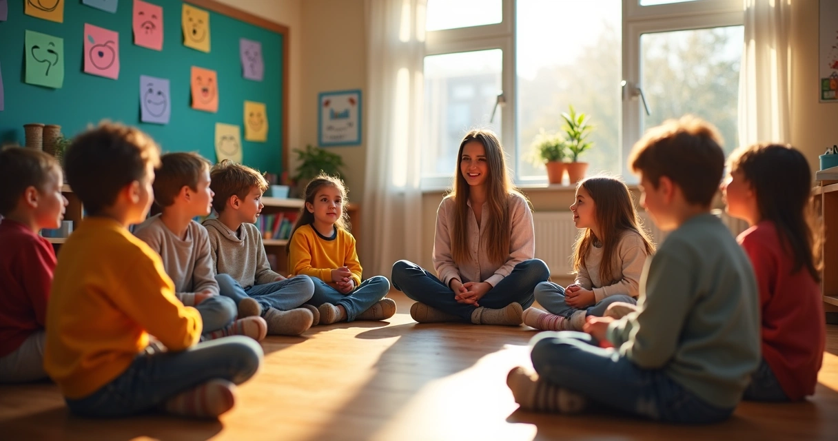 Alunos e professora conversam sobre emoções em sala de aula 