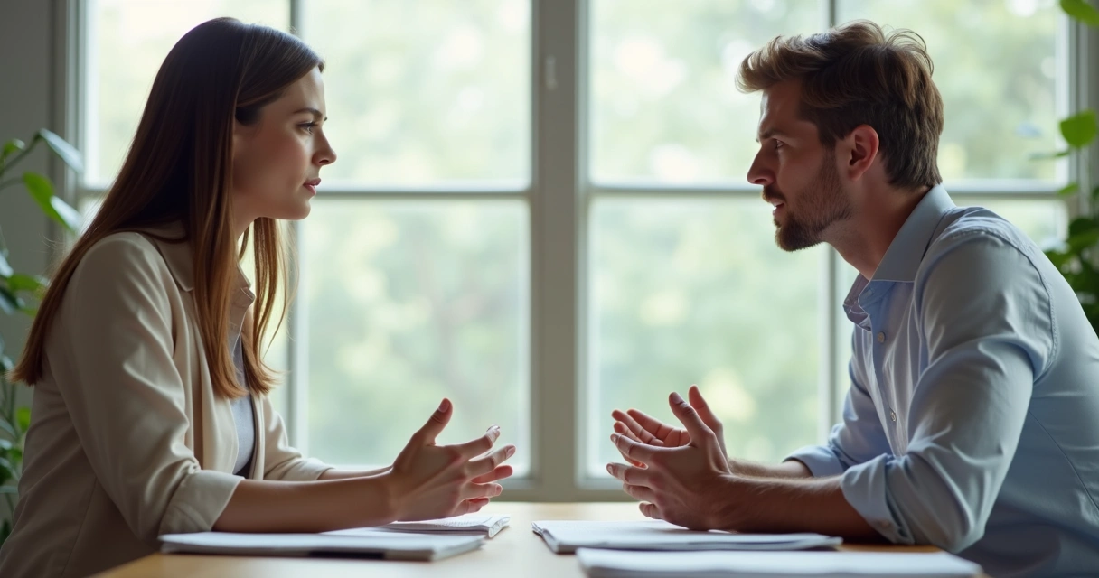 Duas pessoas sentadas frente a frente, conversando em uma sala de reunião bem iluminada, com expressões sérias, mas empáticas, tons claros e papeis sobre a mesa 