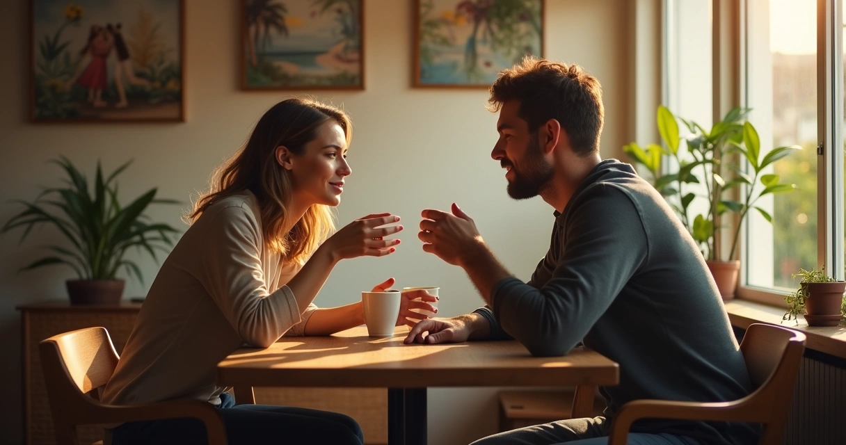 Duas pessoas conversando em um café, uma mulher demonstrando empatia enquanto ouve um homem emocionado.