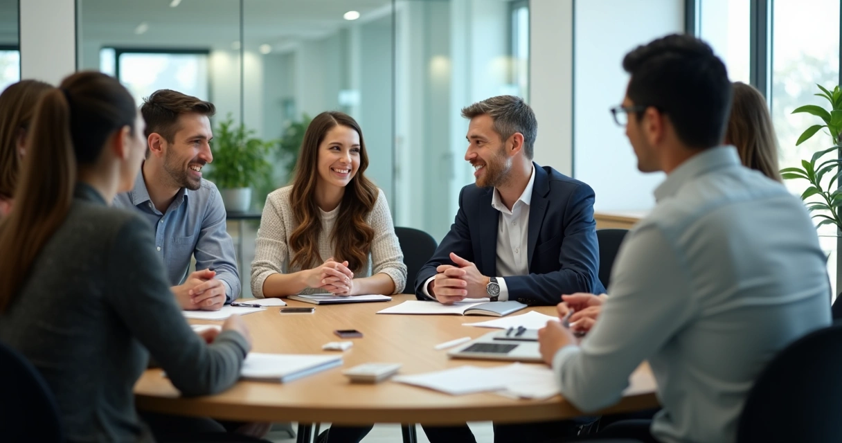 Equipe conversando entre si em uma mesa redonda, mostrando colaboração e escuta 