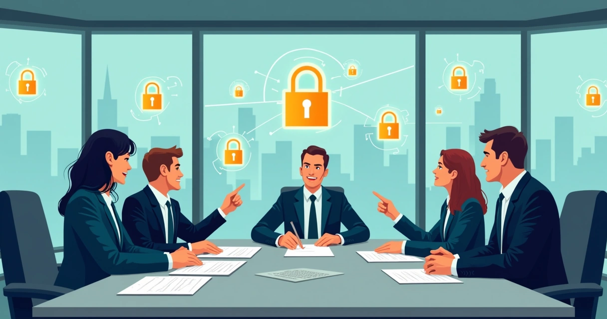 Gestores governamentais e especialistas em tecnologia conversando sobre segurança digital. 