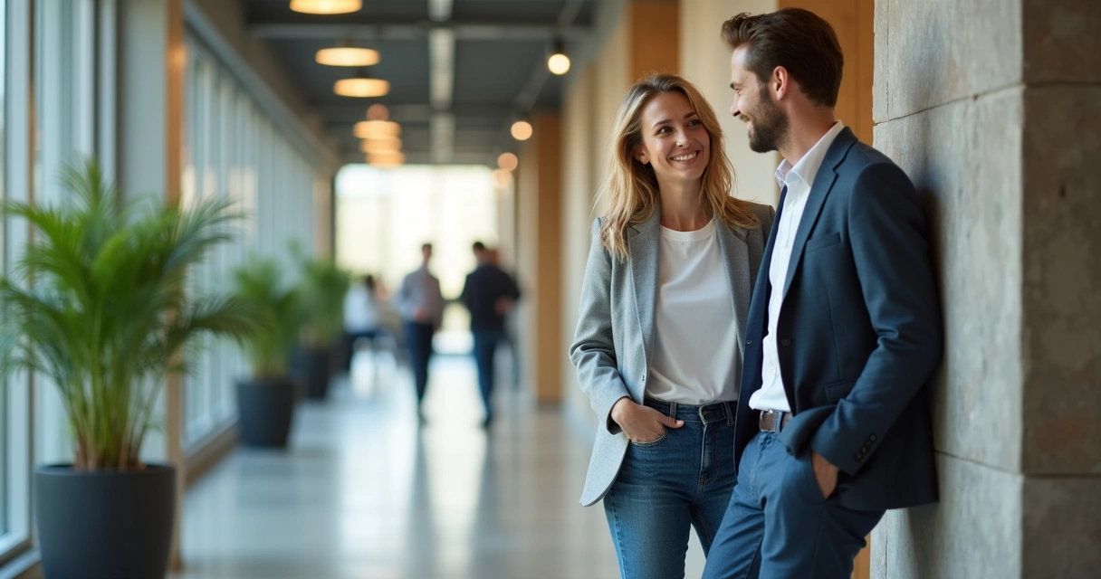 Dois colaboradores em conversa descontraída em corredor de escritório