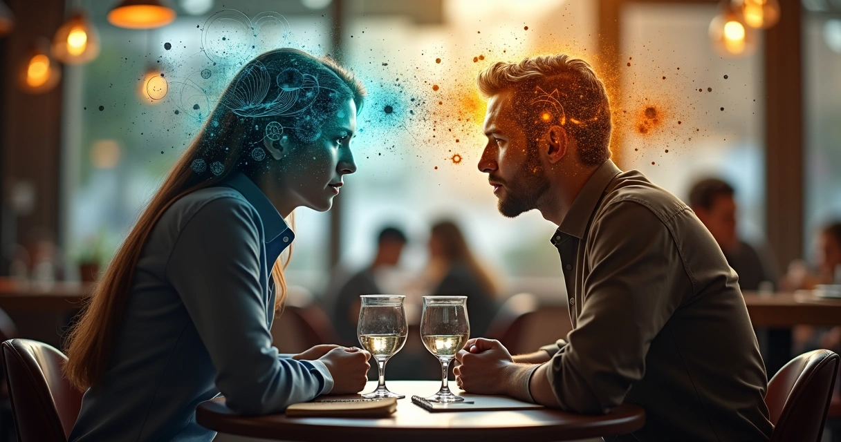 Duas pessoas conversando com silhuetas de engrenagens e formas abstratas ao redor da cabeça 