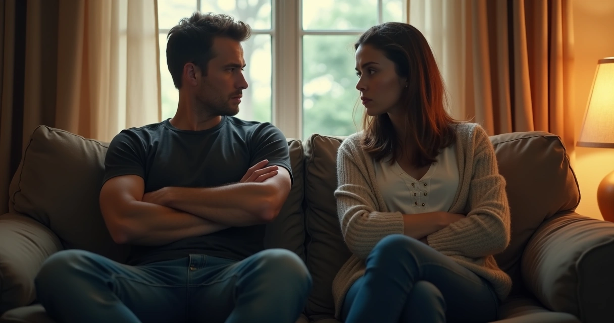 Duas pessoas sentadas lado a lado tendo uma conversa tensa em um ambiente doméstico 