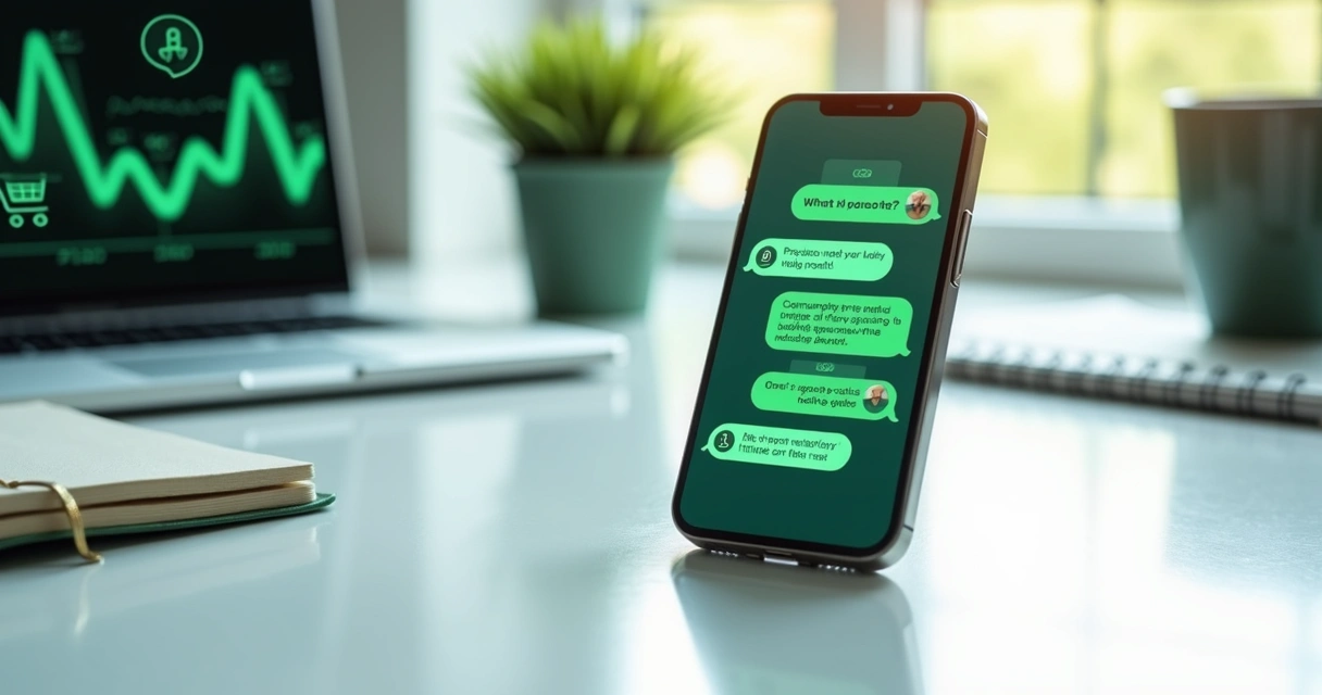 Celular moderno mostrando conversa no WhatsApp em site com elementos gráficos de vendas e mensagens facilitando comunicação 