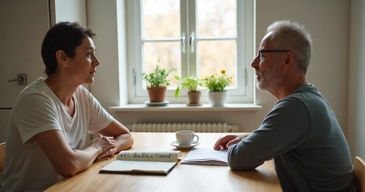 Two people talking honestly at a kitchen table with notebooks 