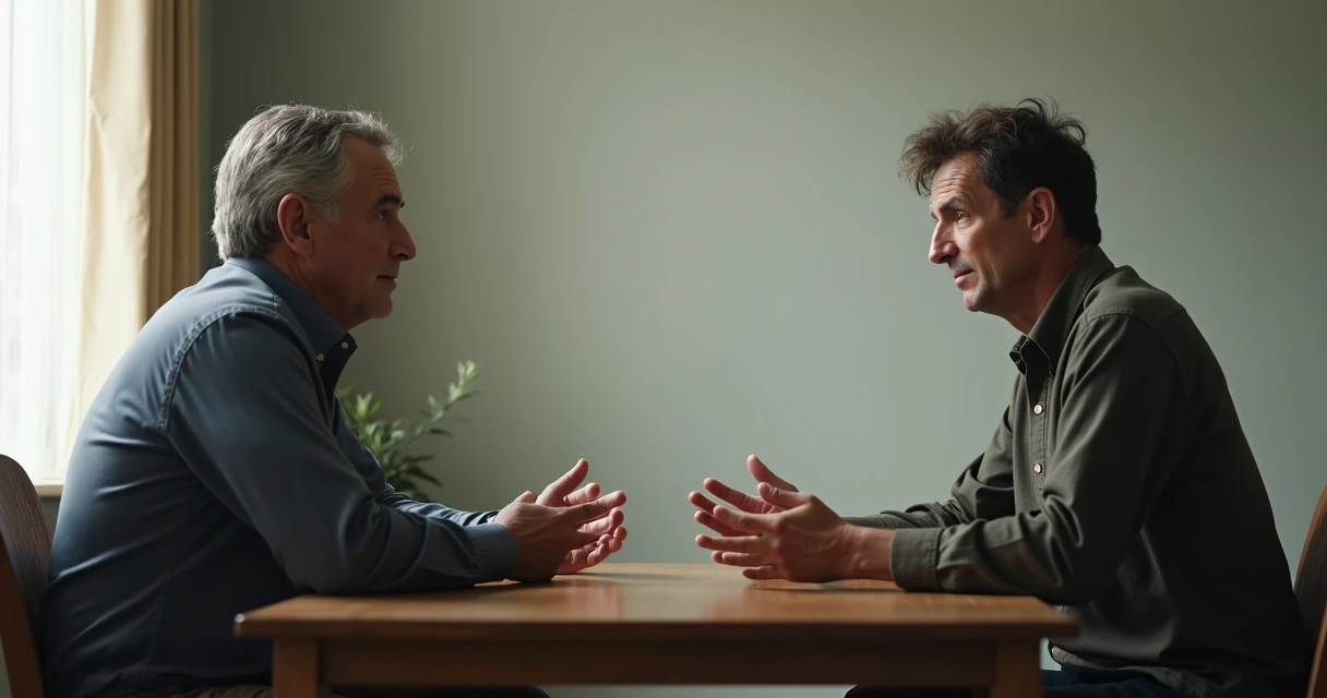 Two people seated across a table showing contrasting body language