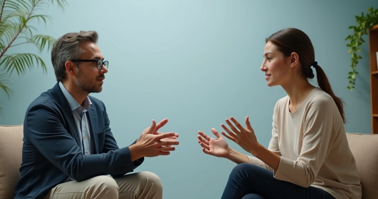Two people talking with expressive hand gestures 