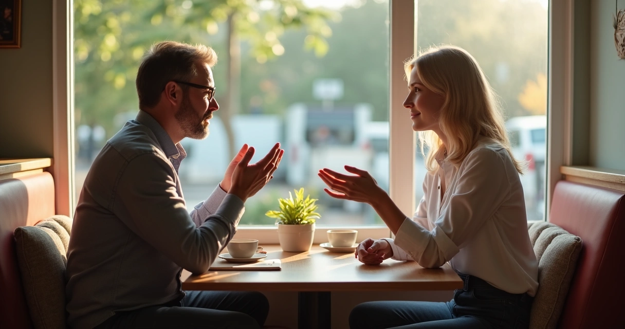 Two people talking in a café, one drawing a boundary with open hand gesture
