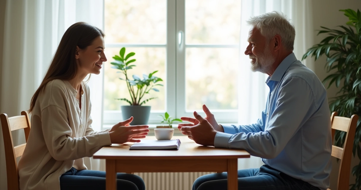Two people having a calm conversation across a table 