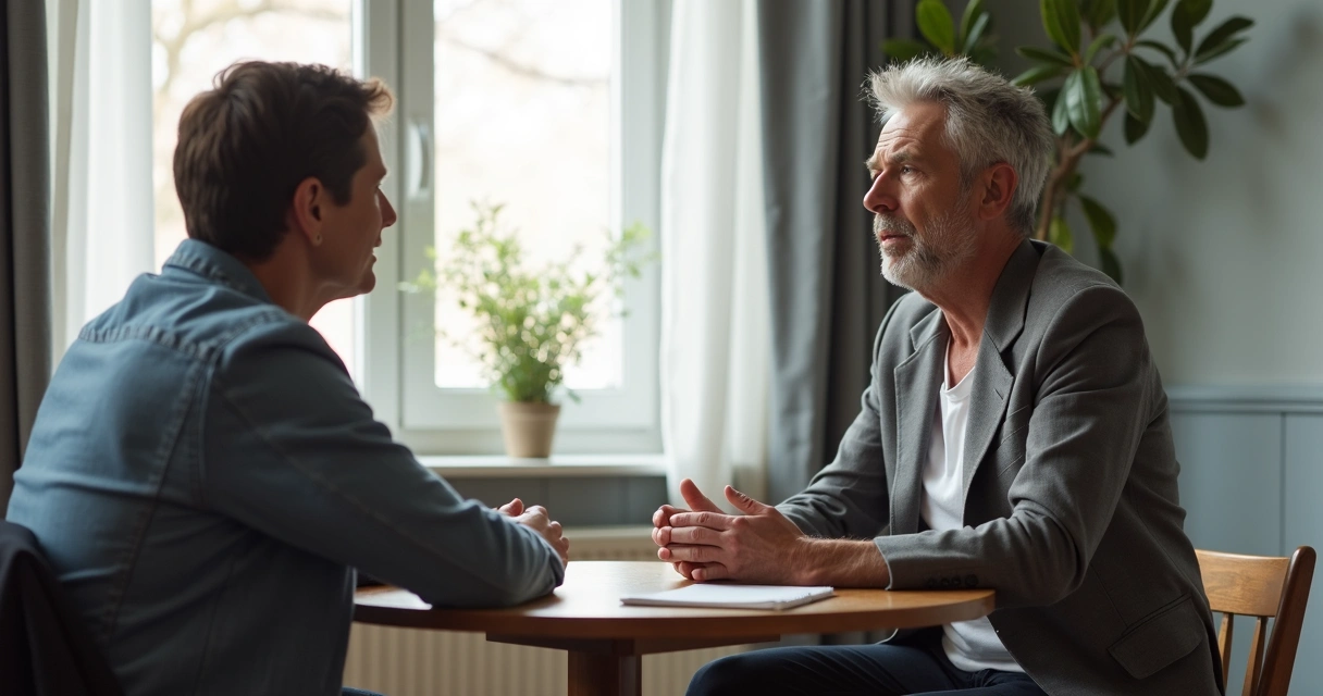 Two adults talking across a table with visible emotional tension 