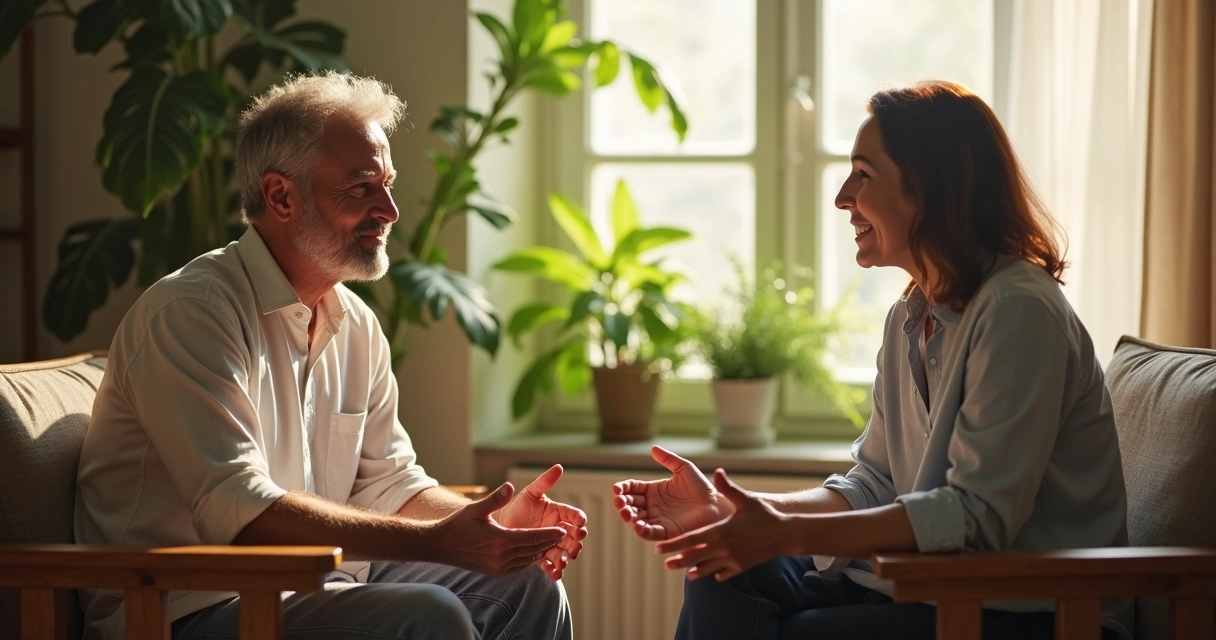 People sitting together having a calm discussion in a sunlit room