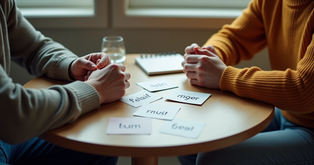 Two people in conversation with emotion cards on a table