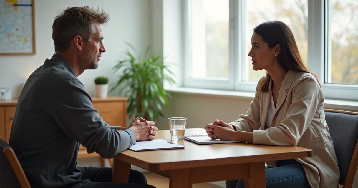 Two people speaking calmly at a table with attentive body language