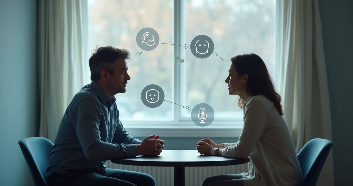 Two people talking with circular arrows and emotion icons 